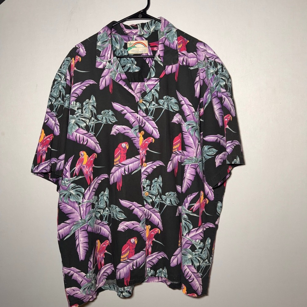 Paradise Found Hawaiian Shirt Mens 4XLBlack Purple Jungle Bird Aloha Magnum PI